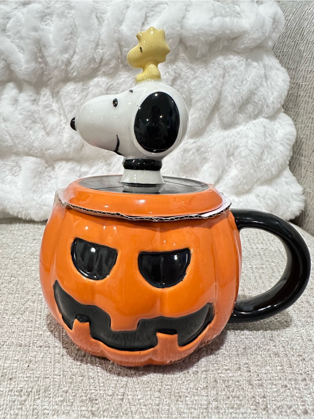 Peanuts Snoopy & Woodstock Pumpkin Mug with Lid Hand Painted 16 Oz